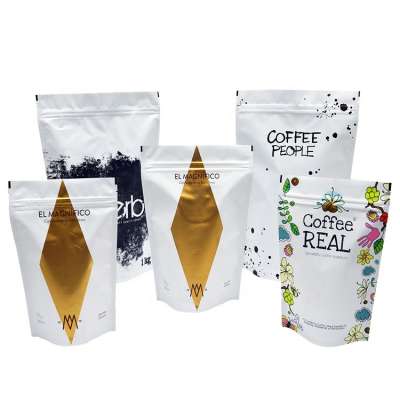 Custom Printed Resealable Ziplock White Aluminum Foil Doypack Stand Up Pouch Coffee Bag With Zipper