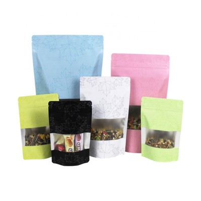 Food Packaging Maple Leaf Pattern Printed Zipper Bag Kraft Paper Aluminum Foil Inside Stand Up Colorful Window Pouch